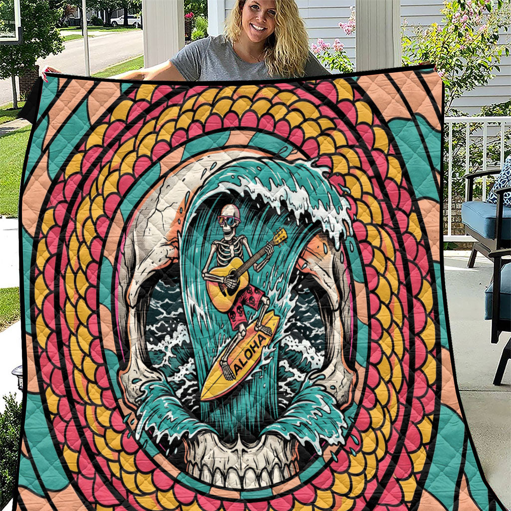 3D Illusion Surfing Skull Aloha Halloween Quilt Tropical Guitarist Bones Wave