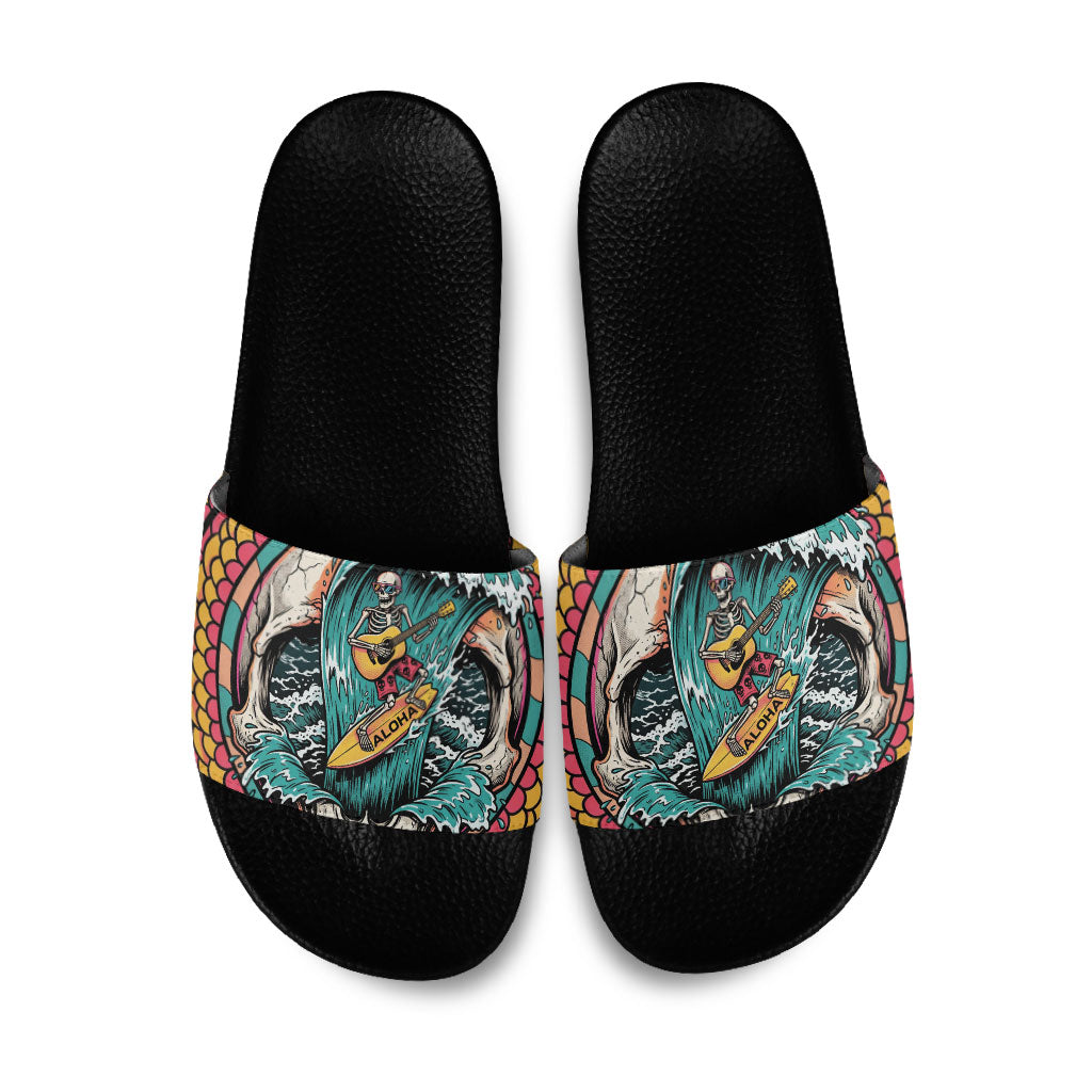 3D Illusion Surfing Skull Aloha Halloween Slide Sandals Tropical Guitarist Bones Wave