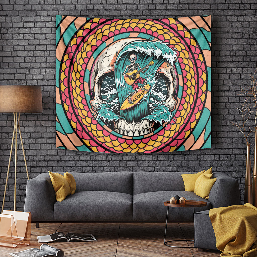 3D Illusion Surfing Skull Aloha Halloween Tapestry Tropical Guitarist Bones Wave