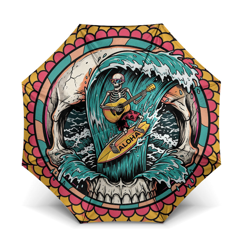3D Illusion Surfing Skull Aloha Halloween Umbrella Tropical Guitarist Bones Wave