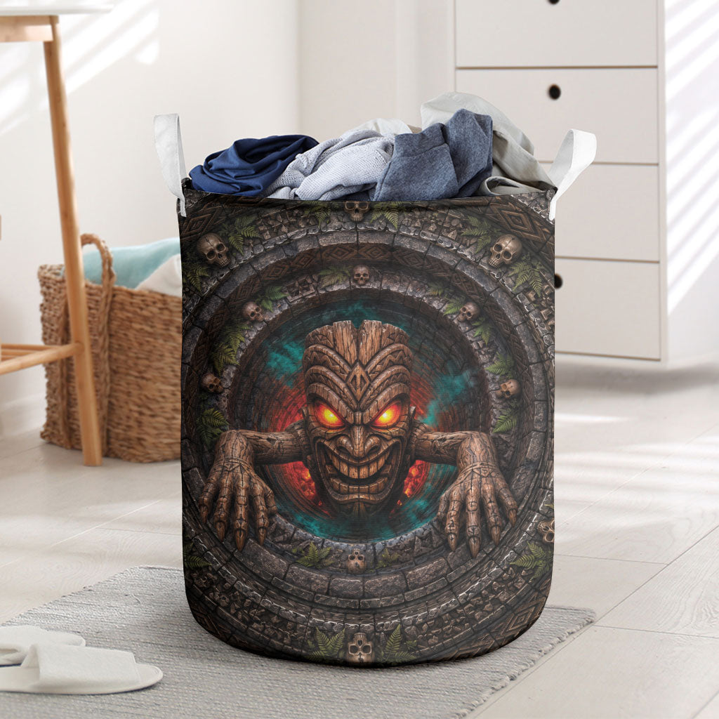 3D Illusion Haunted Tiki Totem Halloween Laundry Basket Polynesian Wood Spirit Fiery