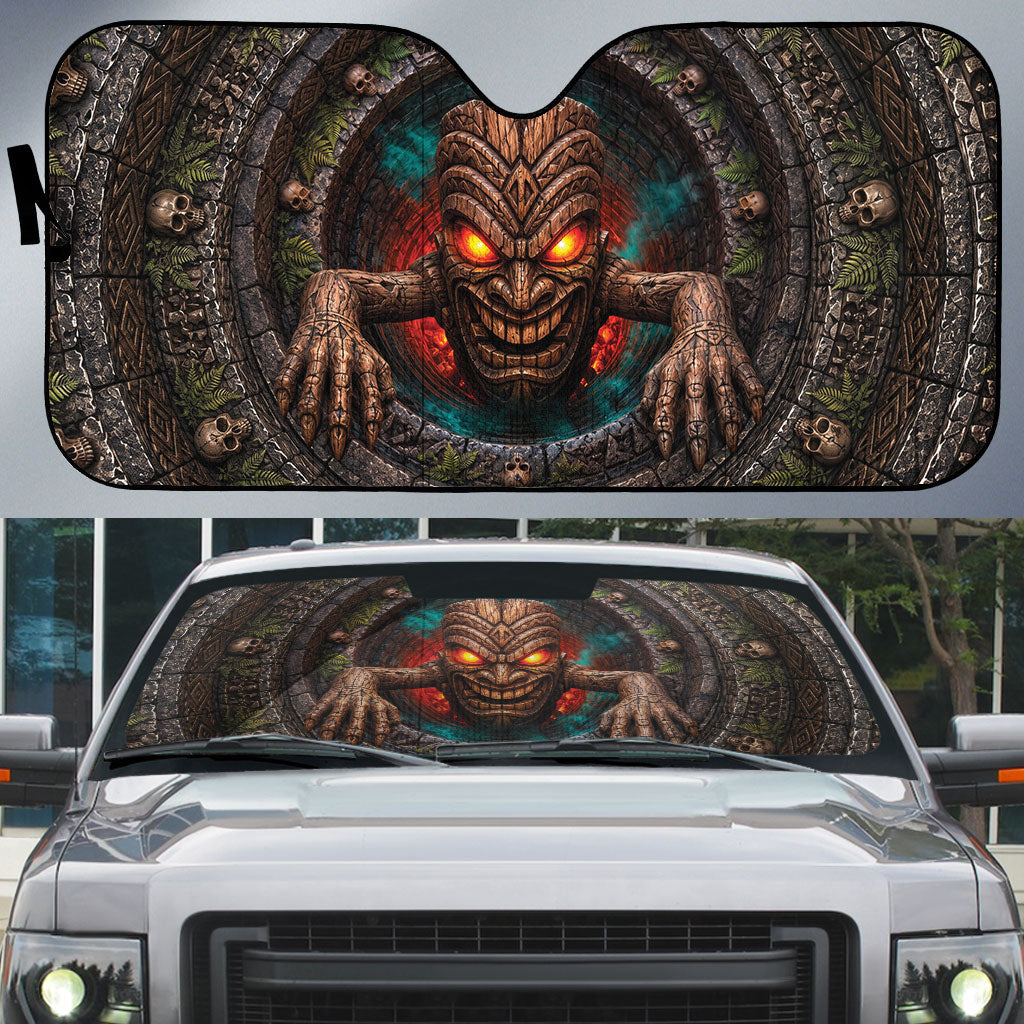 3D Illusion Haunted Tiki Totem Halloween Auto Sun Shade Polynesian Wood Spirit Fiery