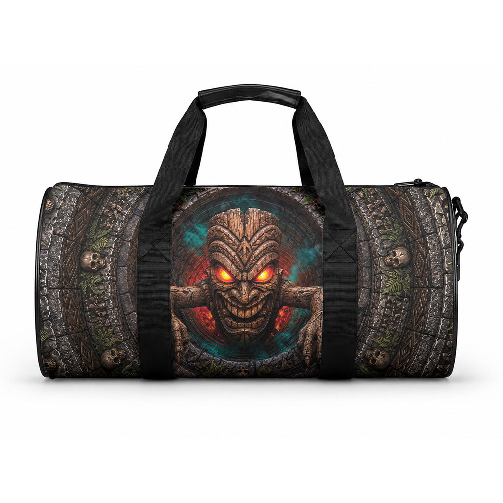 3D Illusion Haunted Tiki Totem Halloween Duffle Bag Polynesian Wood Spirit Fiery