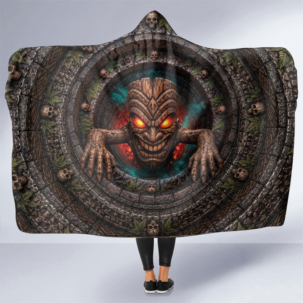 3D Illusion Haunted Tiki Totem Halloween Hooded Blanket Polynesian Wood Spirit Fiery