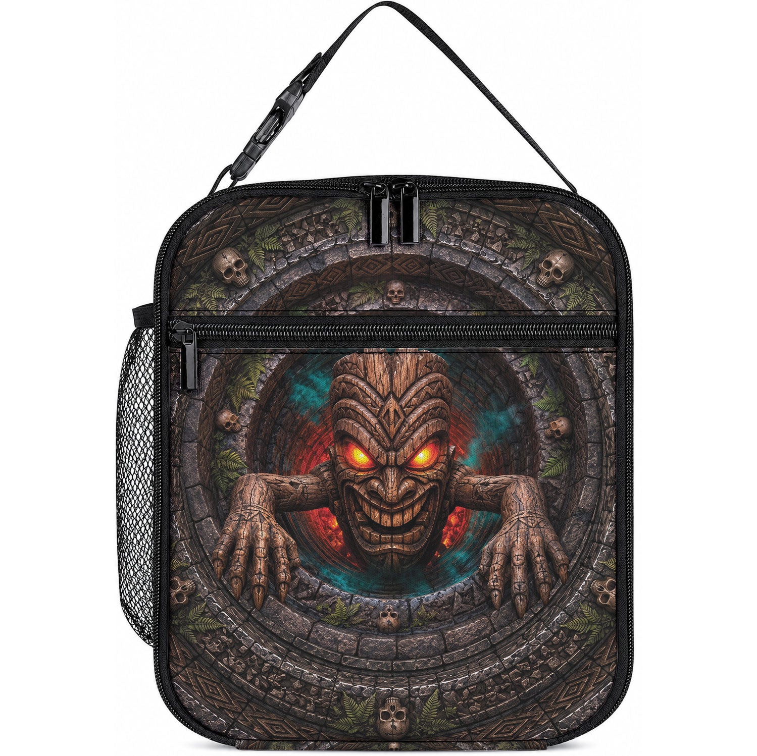 3D Illusion Haunted Tiki Totem Halloween Lunch Bag Polynesian Wood Spirit Fiery