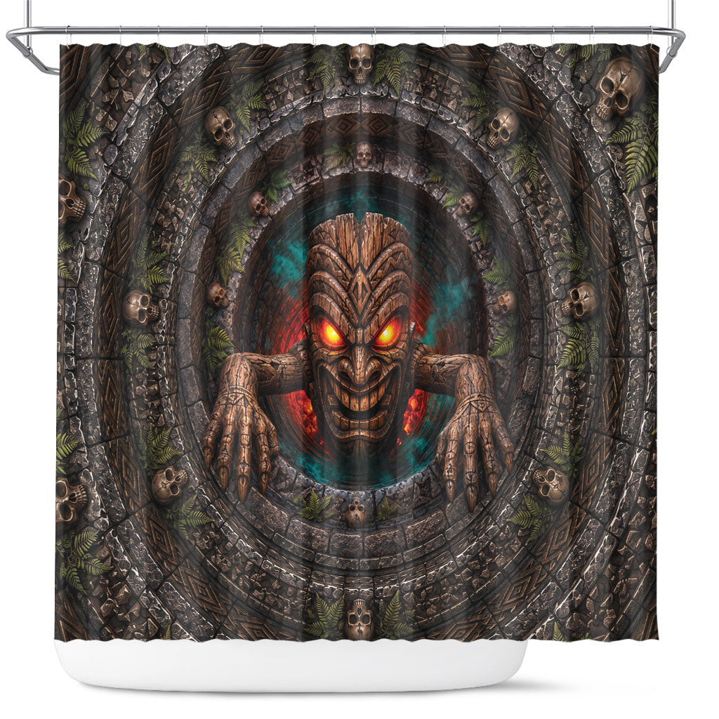 3D Illusion Haunted Tiki Totem Halloween Shower Curtain Polynesian Wood Spirit Fiery DT05 Brown - Polynesian Pride