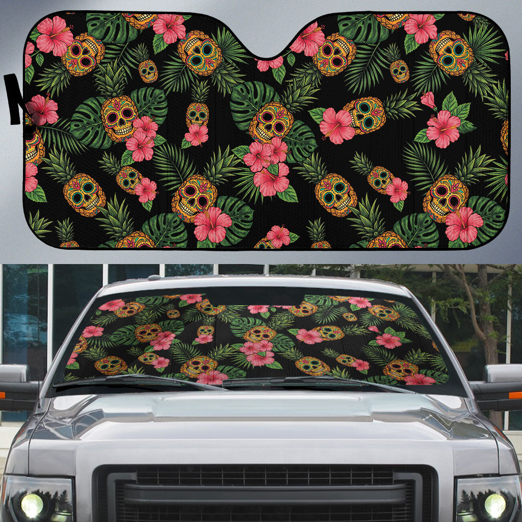 Tropical Calavera Hawaiian Auto Sun Shade Sugar Skull Pineapple Hibiscus Floral DT05 Black - Polynesian Pride