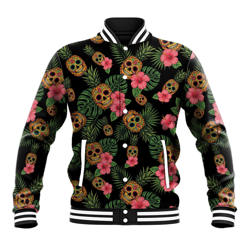 Tropical Calavera Hawaiian Baseball Jacket Sugar Skull Pineapple Hibiscus Floral
