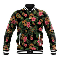 Tropical Calavera Hawaiian Baseball Jacket Sugar Skull Pineapple Hibiscus Floral DT05 Unisex Black - Polynesian Pride