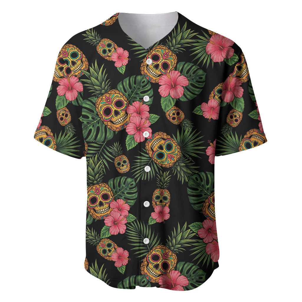 Tropical Calavera Hawaiian Baseball Jersey Sugar Skull Pineapple Hibiscus Floral