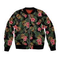 Tropical Calavera Hawaiian Bomber Jacket Sugar Skull Pineapple Hibiscus Floral DT05 Unisex Black - Polynesian Pride