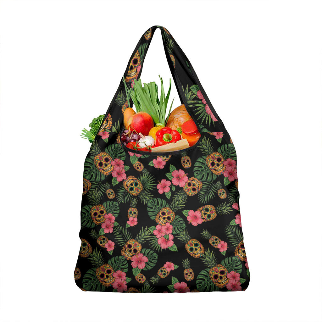 Tropical Calavera Hawaiian Grocery Bag Sugar Skull Pineapple Hibiscus Floral