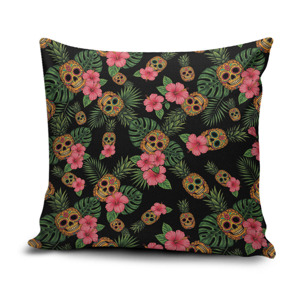 Tropical Calavera Hawaiian Pillow Cover Sugar Skull Pineapple Hibiscus Floral