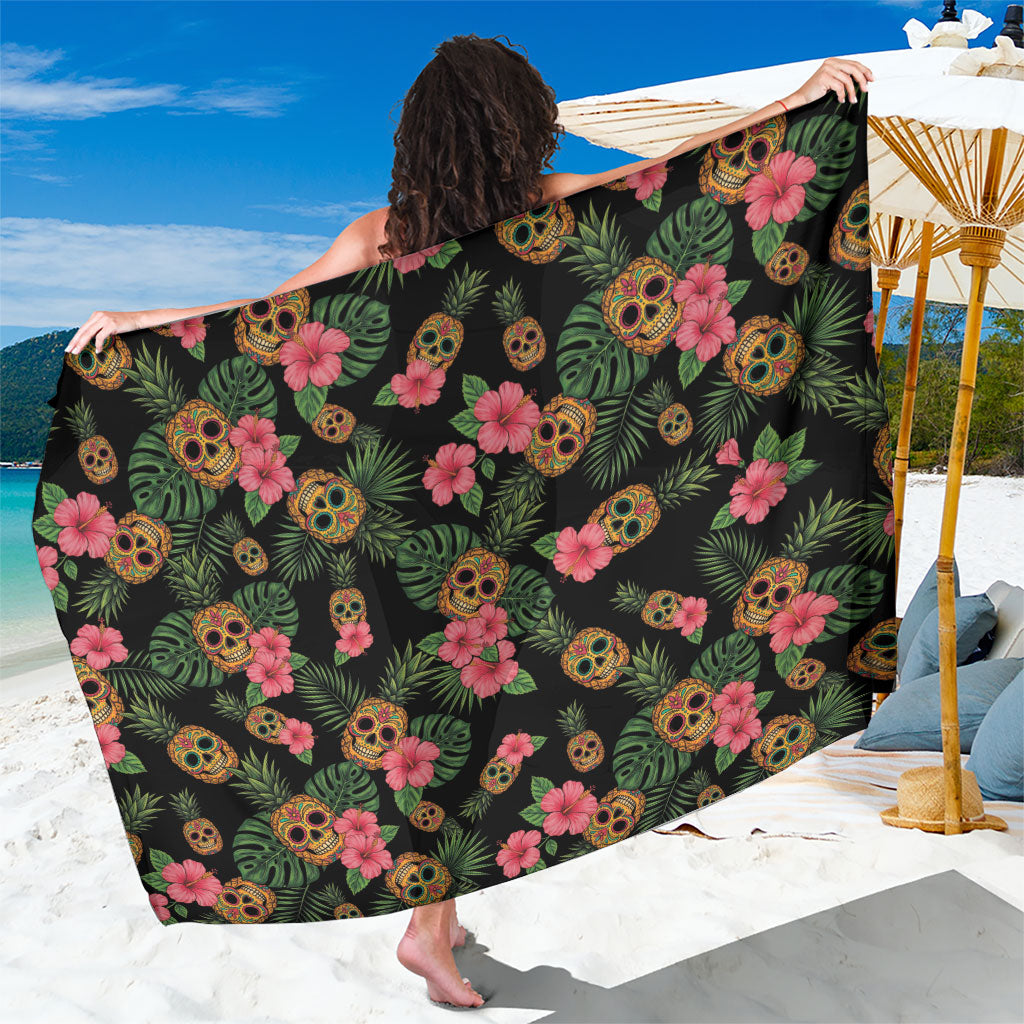 Tropical Calavera Hawaiian Sarong Sugar Skull Pineapple Hibiscus Floral DT05 One Size 44 x 66 inches Black - Polynesian Pride