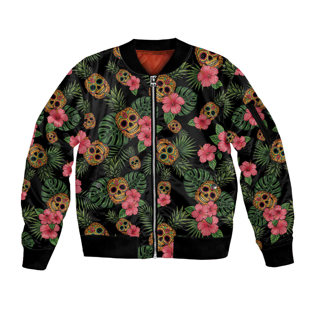 Tropical Calavera Hawaiian Sleeve Zip Bomber Jacket Sugar Skull Pineapple Hibiscus Floral
