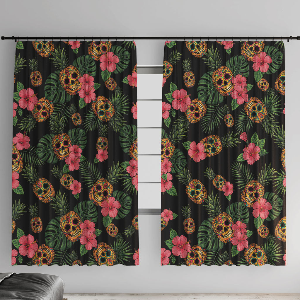 Tropical Calavera Hawaiian Window Curtain Sugar Skull Pineapple Hibiscus Floral