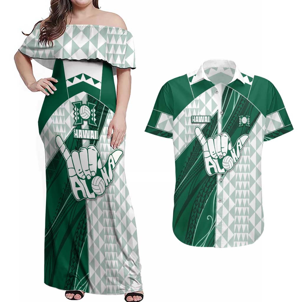 Custom Hawaii Volleyball Couples Matching Off Shoulder Maxi Dress and Hawaiian Shirt Shaka Aloha Hand DT05 Green - Polynesian Pride
