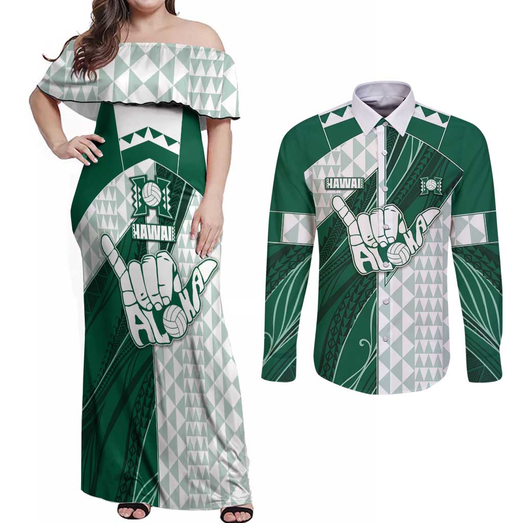 Custom Hawaii Volleyball Couples Matching Off Shoulder Maxi Dress and Long Sleeve Button Shirt Shaka Aloha Hand DT05 Green - Polynesian Pride