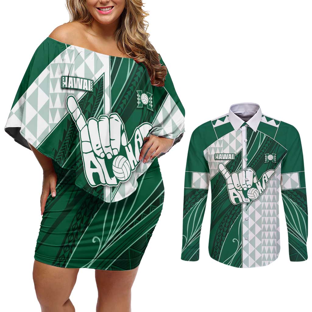 Custom Hawaii Volleyball Couples Matching Off Shoulder Short Dress and Long Sleeve Button Shirt Shaka Aloha Hand DT05 Green - Polynesian Pride