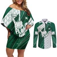 Custom Hawaii Volleyball Couples Matching Off Shoulder Short Dress and Long Sleeve Button Shirt Shaka Aloha Hand DT05 Green - Polynesian Pride