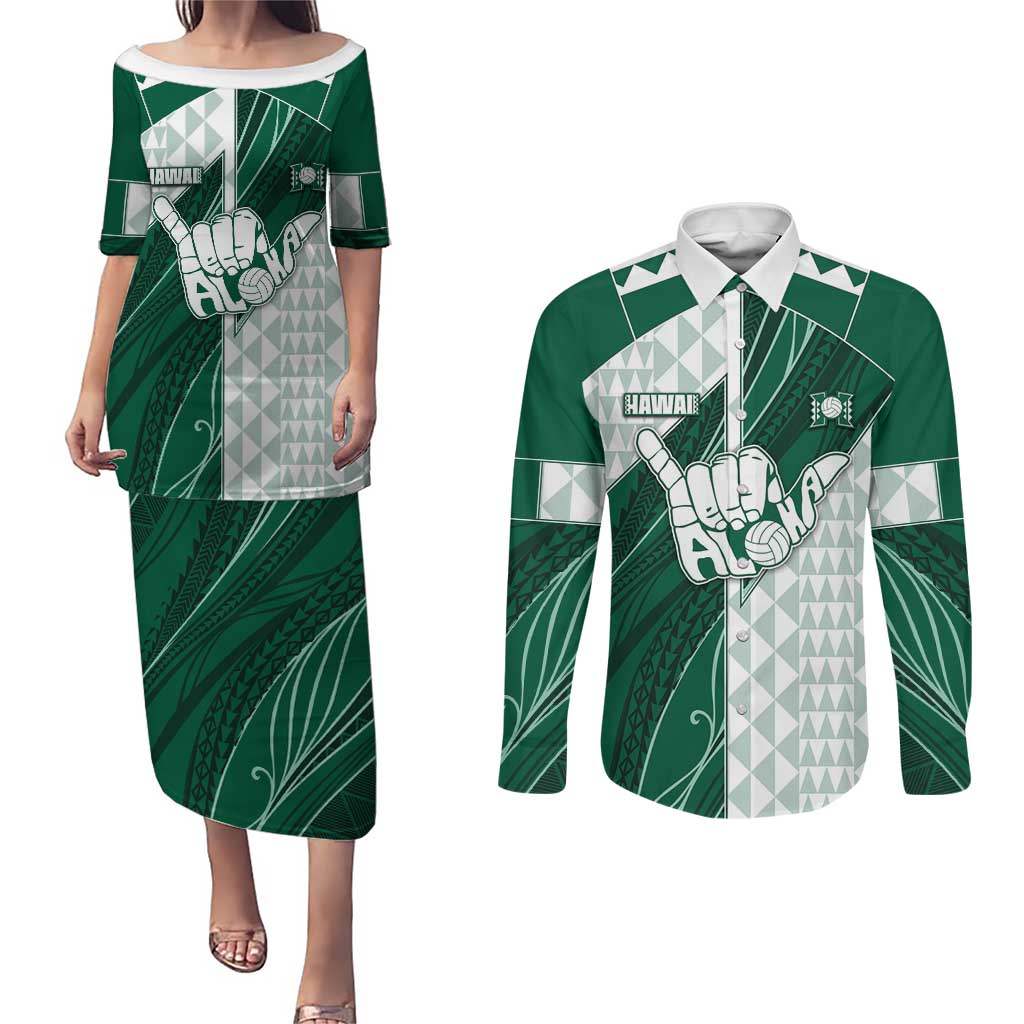 Custom Hawaii Volleyball Couples Matching Puletasi and Long Sleeve Button Shirt Shaka Aloha Hand DT05 Green - Polynesian Pride