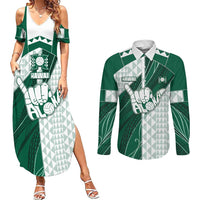 Custom Hawaii Volleyball Couples Matching Summer Maxi Dress and Long Sleeve Button Shirt Shaka Aloha Hand DT05 Green - Polynesian Pride