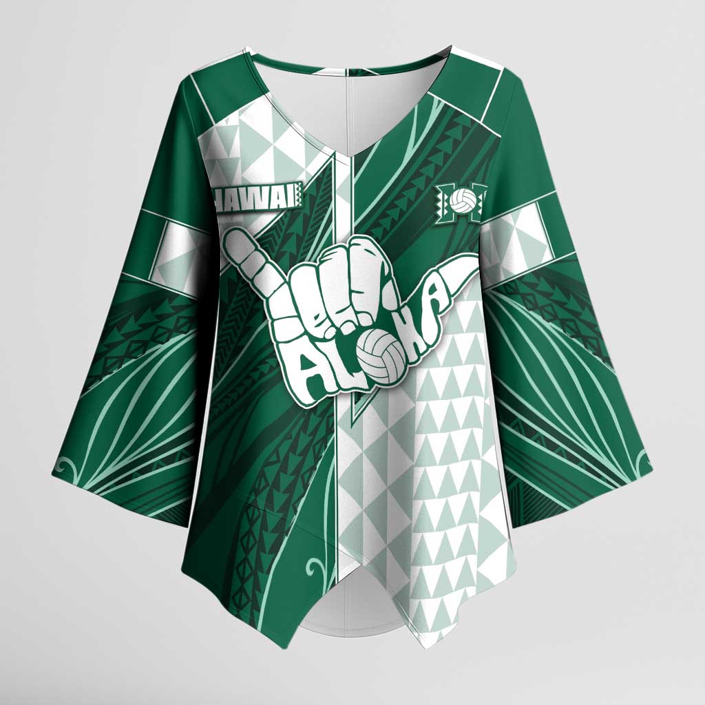 Custom Hawaii Volleyball Kimono Sleeve Blouse Shaka Aloha Hand DT05 Female Green - Polynesian Pride