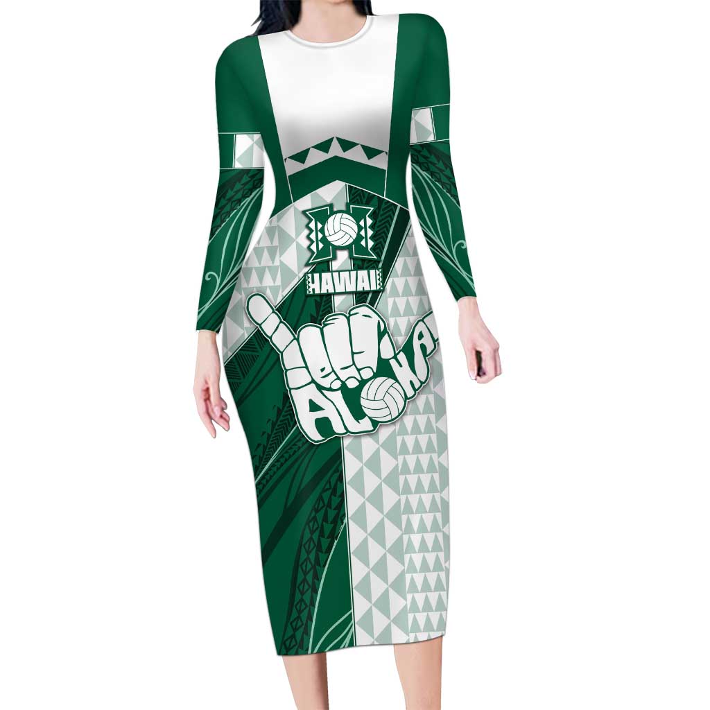 Custom Hawaii Volleyball Long Sleeve Bodycon Dress Shaka Aloha Hand DT05 Long Dress Green - Polynesian Pride