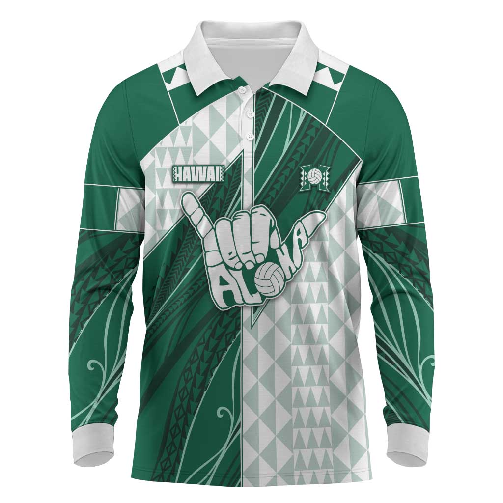 Custom Hawaii Volleyball Long Sleeve Polo Shirt Shaka Aloha Hand DT05 Green - Polynesian Pride