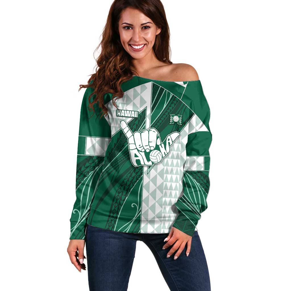 Custom Hawaii Volleyball Off Shoulder Sweater Shaka Aloha Hand DT05 Women Green - Polynesian Pride