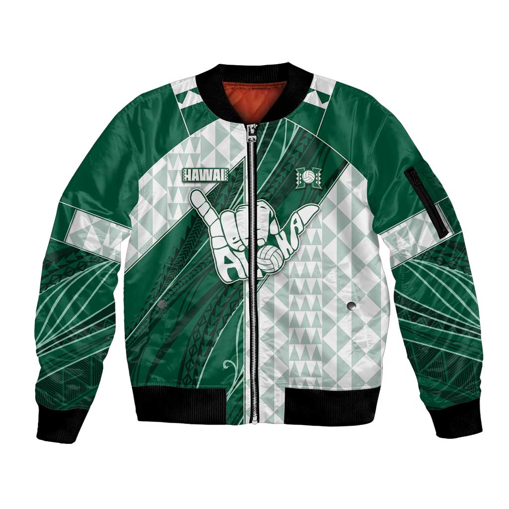 Custom Hawaii Volleyball Sleeve Zip Bomber Jacket Shaka Aloha Hand DT05 Unisex Green - Polynesian Pride