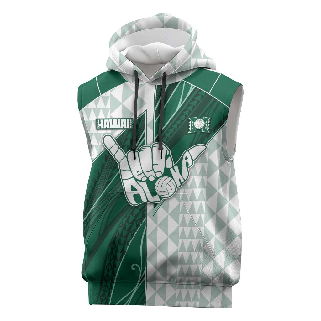 Custom Hawaii Volleyball Sleeveless Hoodie Shaka Aloha Hand DT05 Green - Polynesian Pride