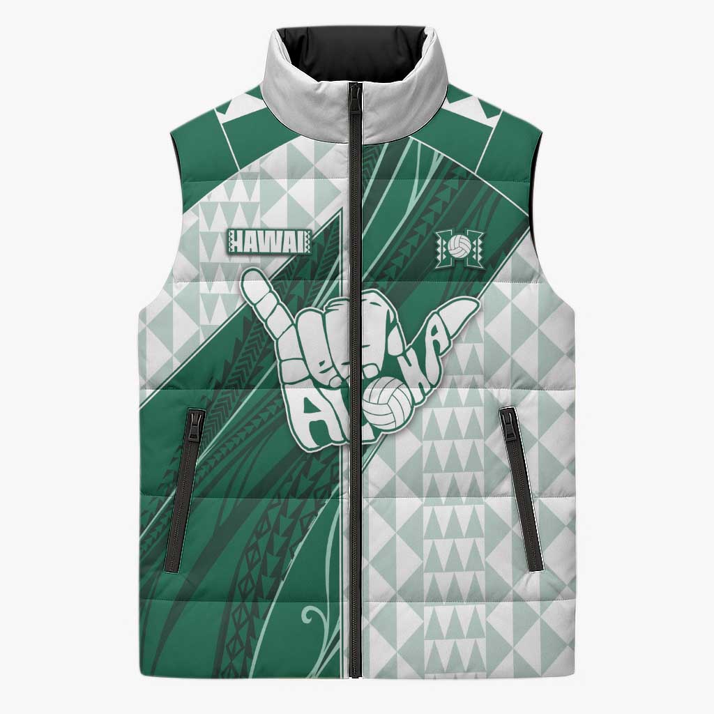 Custom Hawaii Volleyball Sleeveless Puffer Jacket Shaka Aloha Hand DT05 Unisex Green - Polynesian Pride
