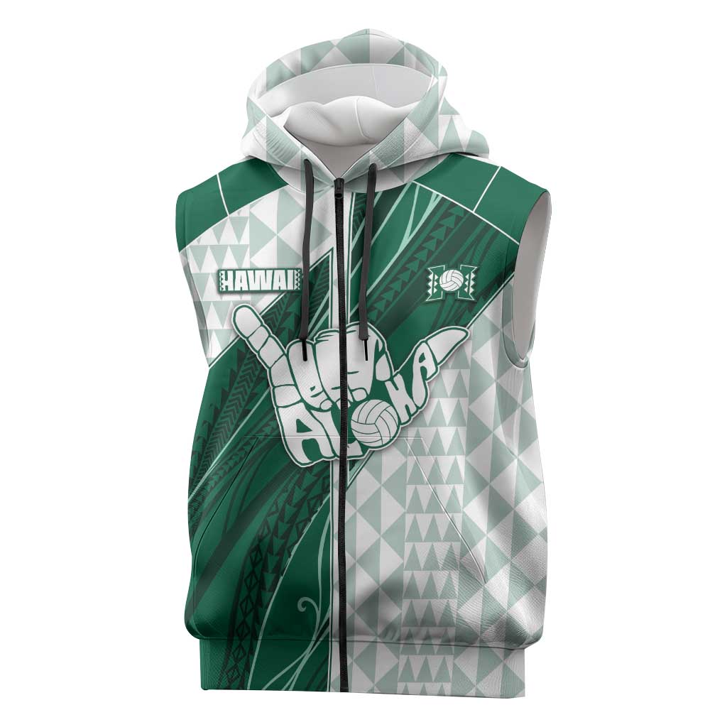 Custom Hawaii Volleyball Sleeveless Zip Hoodie Shaka Aloha Hand DT05 Green - Polynesian Pride