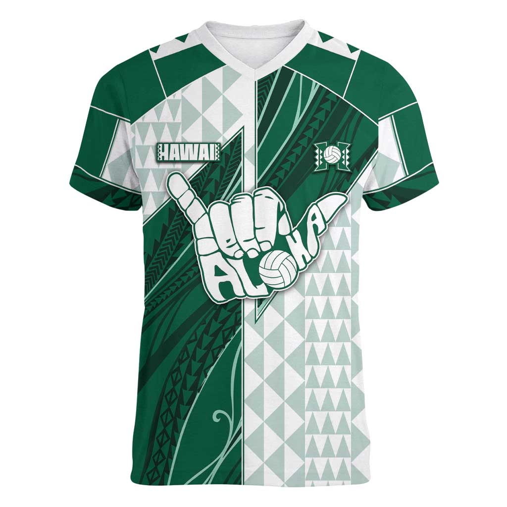 Custom Hawaii Volleyball Women V-Neck T-Shirt Shaka Aloha Hand