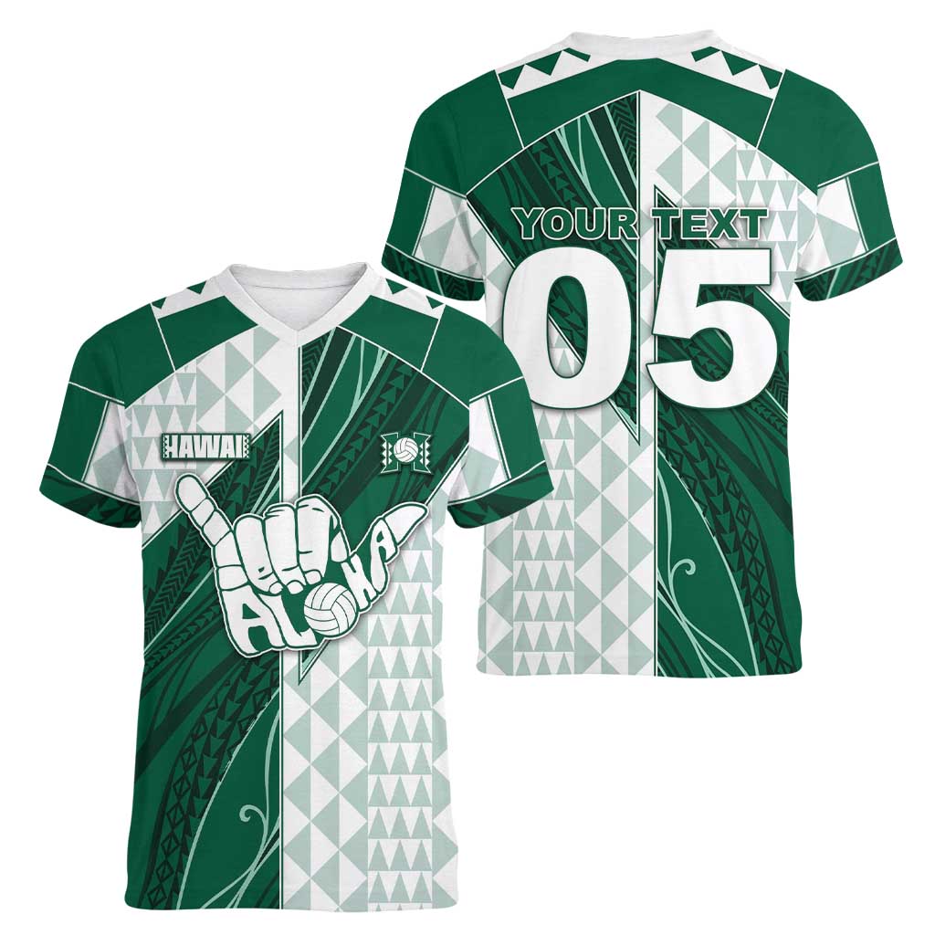 Custom Hawaii Volleyball Women V-Neck T-Shirt Shaka Aloha Hand