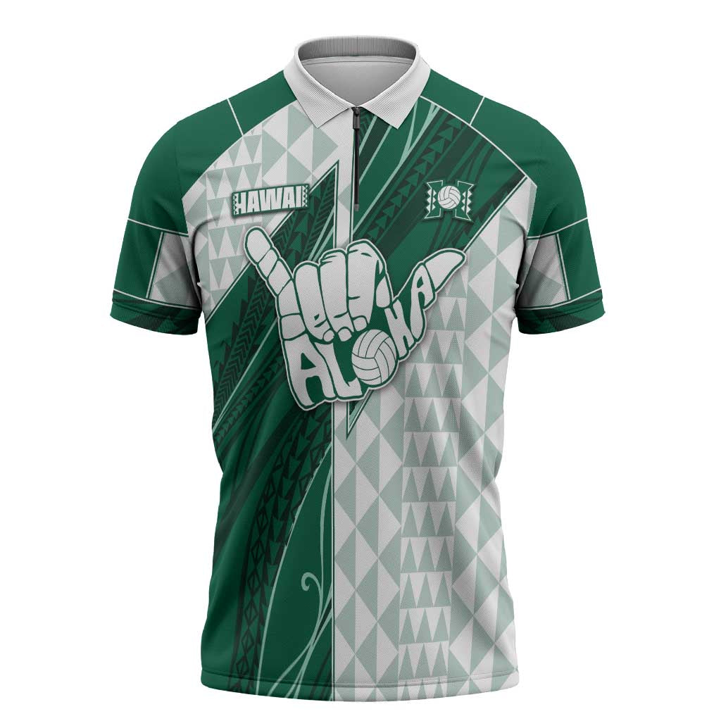 Custom Hawaii Volleyball Zipper Polo Shirt Shaka Aloha Hand DT05 Green - Polynesian Pride