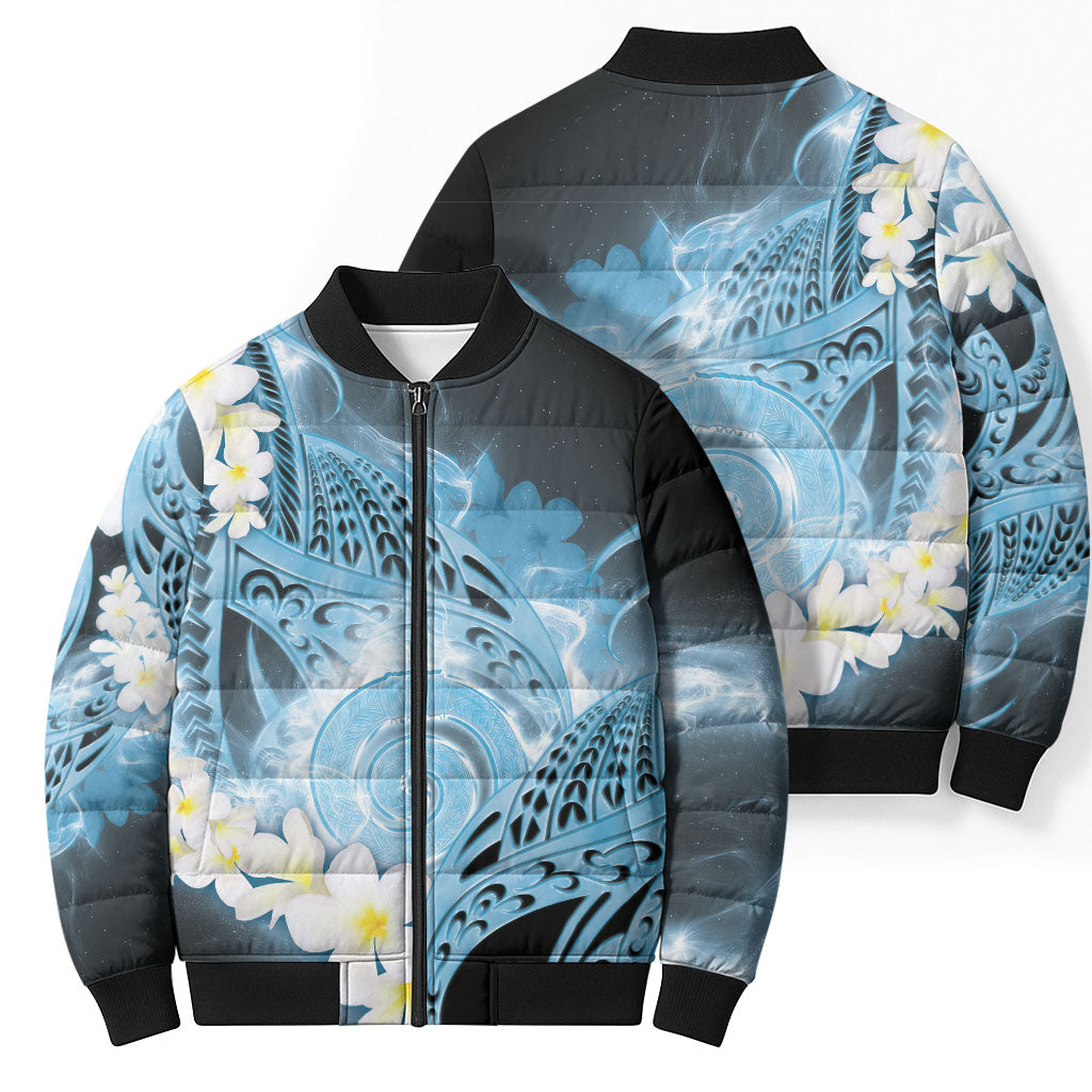 Piko Hawaiian Bomber Puffer Jacket Blue Galaxy Spiral Plumeria Tribal Patterns