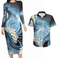 Piko Hawaiian Couples Matching Long Sleeve Bodycon Dress and Hawaiian Shirt Blue Galaxy Spiral Plumeria Tribal Patterns