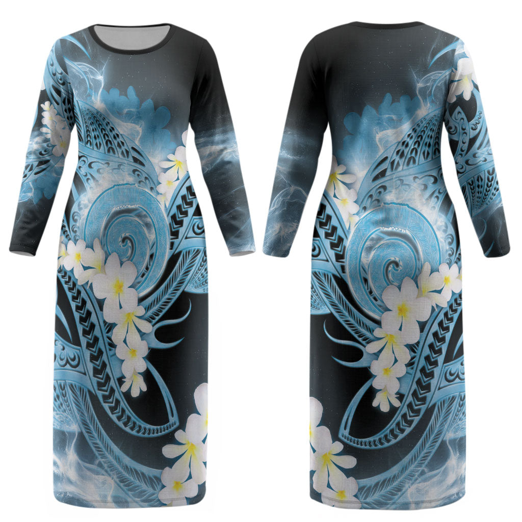 Piko Hawaiian Couples Matching Long Sleeve Bodycon Dress and Long Sleeve Button Shirt Blue Galaxy Spiral Plumeria Tribal Patterns DT05 - Polynesian Pride