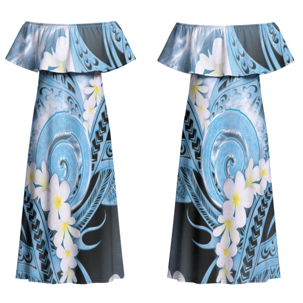 Piko Hawaiian Couples Matching Off Shoulder Maxi Dress and Hawaiian Shirt Blue Galaxy Spiral Plumeria Tribal Patterns DT05 - Polynesian Pride