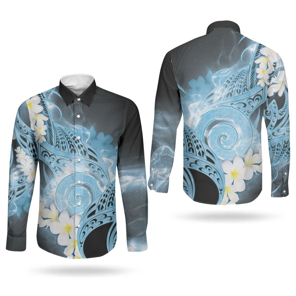 Piko Hawaiian Couples Matching Off Shoulder Maxi Dress and Long Sleeve Button Shirt Blue Galaxy Spiral Plumeria Tribal Patterns