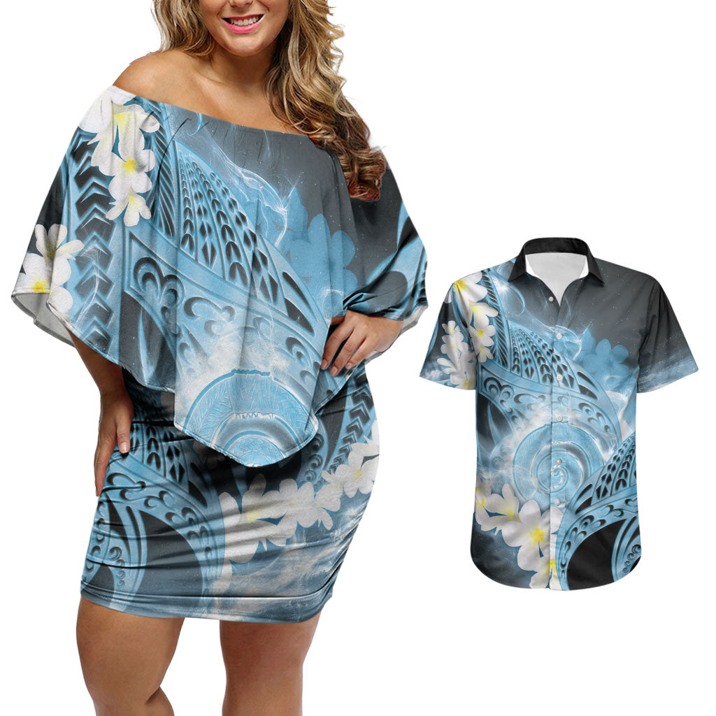 Piko Hawaiian Couples Matching Off Shoulder Short Dress and Hawaiian Shirt Blue Galaxy Spiral Plumeria Tribal Patterns DT05 Blue - Polynesian Pride