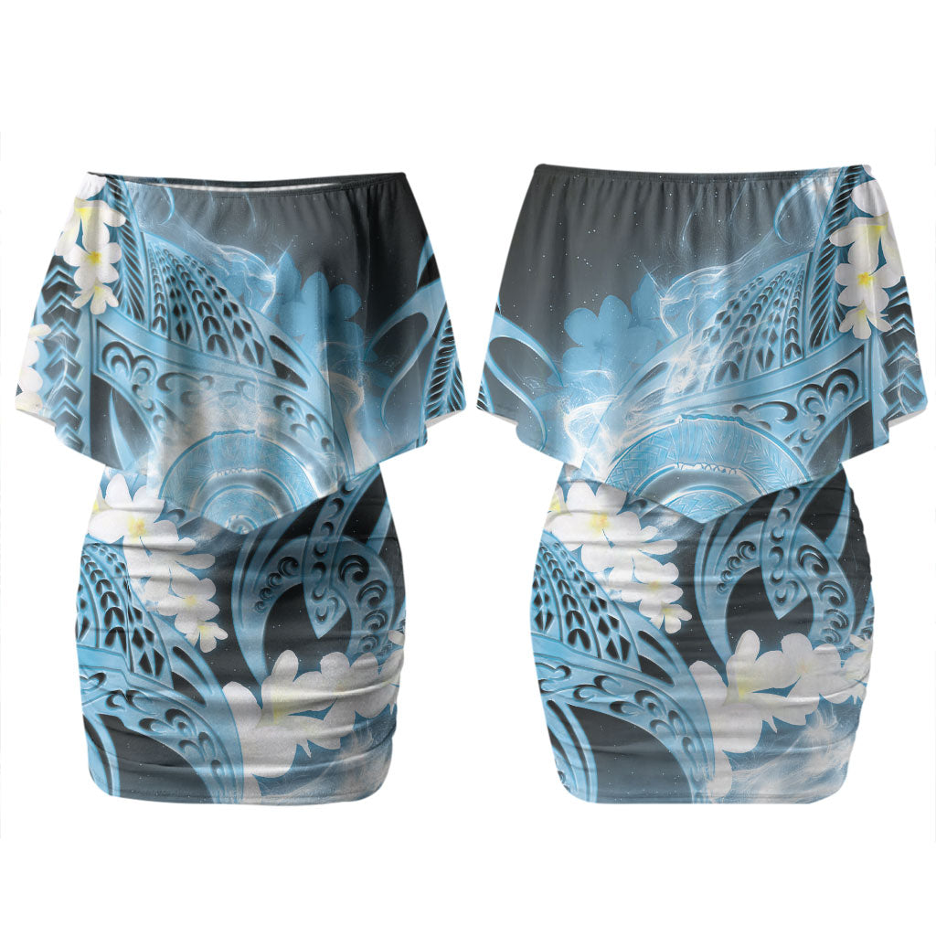 Piko Hawaiian Couples Matching Off Shoulder Short Dress and Hawaiian Shirt Blue Galaxy Spiral Plumeria Tribal Patterns DT05 - Polynesian Pride