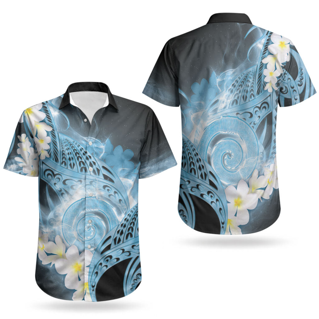 Piko Hawaiian Couples Matching Off Shoulder Short Dress and Hawaiian Shirt Blue Galaxy Spiral Plumeria Tribal Patterns DT05 - Polynesian Pride