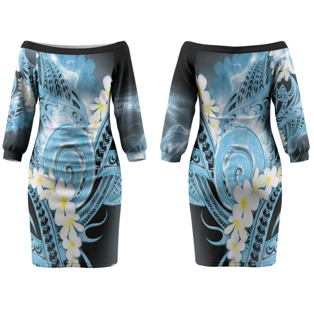 Piko Hawaiian Couples Matching Off The Shoulder Long Sleeve Dress and Hawaiian Shirt Blue Galaxy Spiral Plumeria Tribal Patterns DT05 - Polynesian Pride