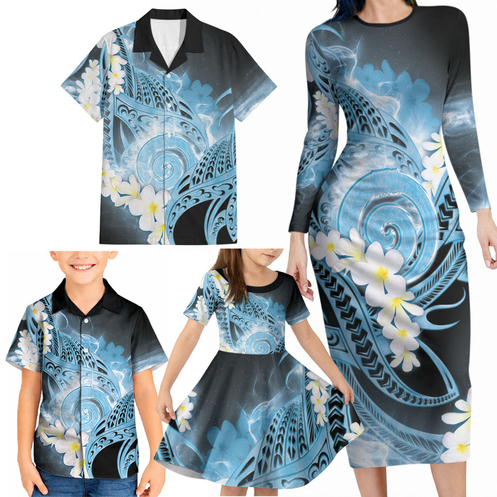 Piko Hawaiian Family Matching Long Sleeve Bodycon Dress and Hawaiian Shirt Blue Galaxy Spiral Plumeria Tribal Patterns DT05 - Polynesian Pride
