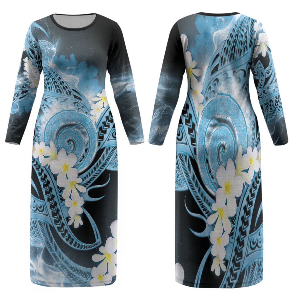 Piko Hawaiian Family Matching Long Sleeve Bodycon Dress and Hawaiian Shirt Blue Galaxy Spiral Plumeria Tribal Patterns DT05 Mom's Dress Blue - Polynesian Pride