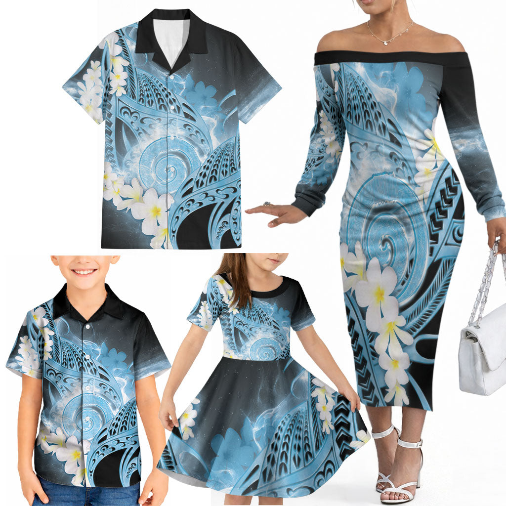 Piko Hawaiian Family Matching Off The Shoulder Long Sleeve Dress and Hawaiian Shirt Blue Galaxy Spiral Plumeria Tribal Patterns DT05 - Polynesian Pride
