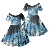 Piko Hawaiian Family Matching Puletasi and Hawaiian Shirt Blue Galaxy Spiral Plumeria Tribal Patterns DT05 Daughter's Dress Blue - Polynesian Pride